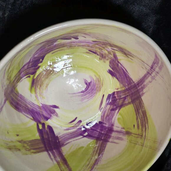 Handcrafted Ceramic Bowl With Abstract Purple & Green Brushstrokes - Picture 9 of 9